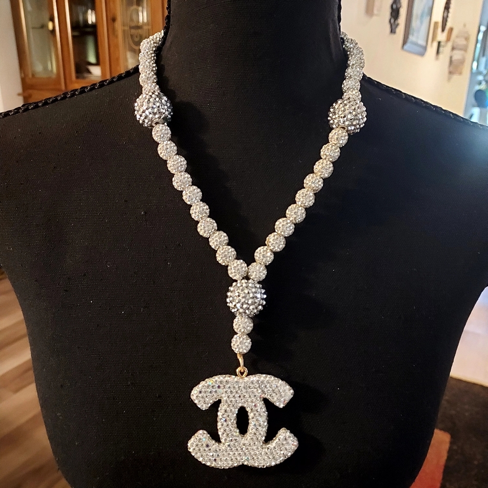 Crystal-Embellished Double C Pendant Necklace - Silver